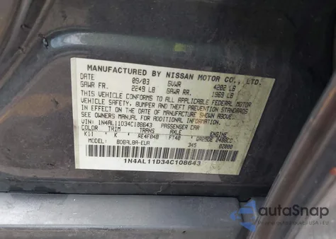 2004 Nissan Altima 2.5 S z USA, uszkodzony, nr VIN 1N4AL11D34C108643